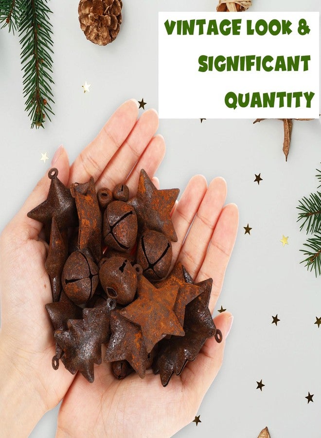 Otoolling 82 Pcs Rusty Metal Jingle Bells Kit Supplies Christmas Sleigh Bells Rustic Craft Mini Rusted Metal Jingle Xmas Tree Stars Bell with Jute Twine Plaid Ribbon for Xmas Tree Home Decor DIY Craft - Image 3
